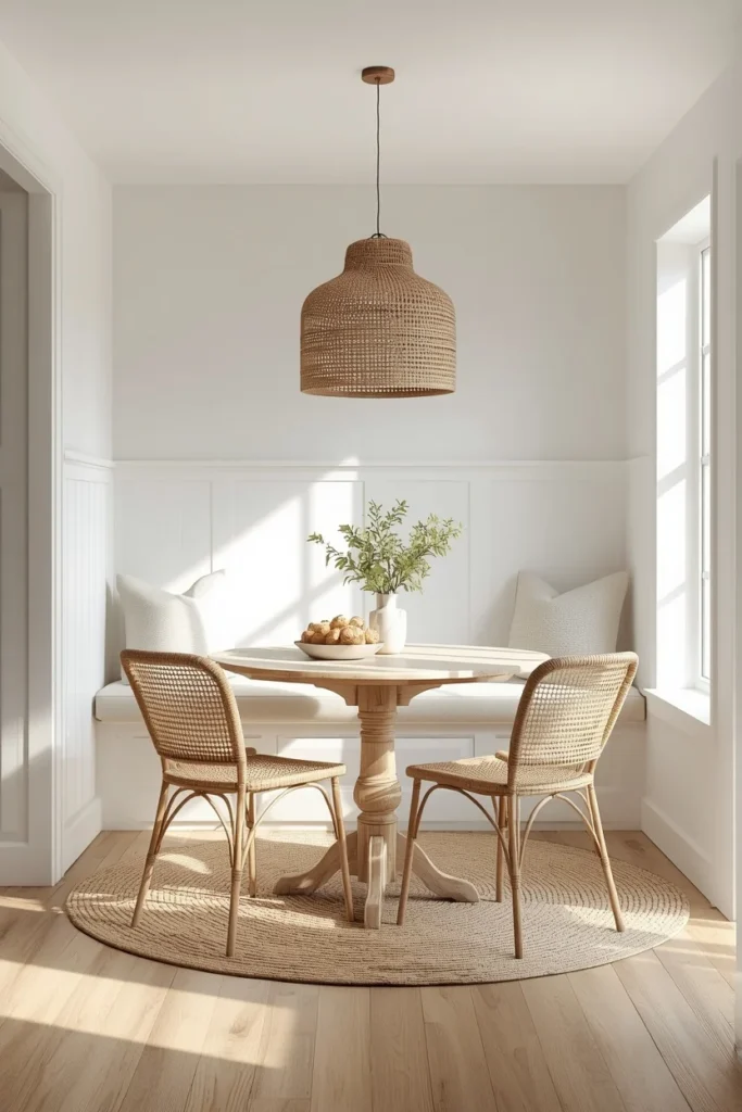 21 Kitchen Banquette Seating Ideas That Make Every Meal Feel Special 8 coastal kitchen nook, featuring a white built-in banquette bench with a natural canvas cushion,