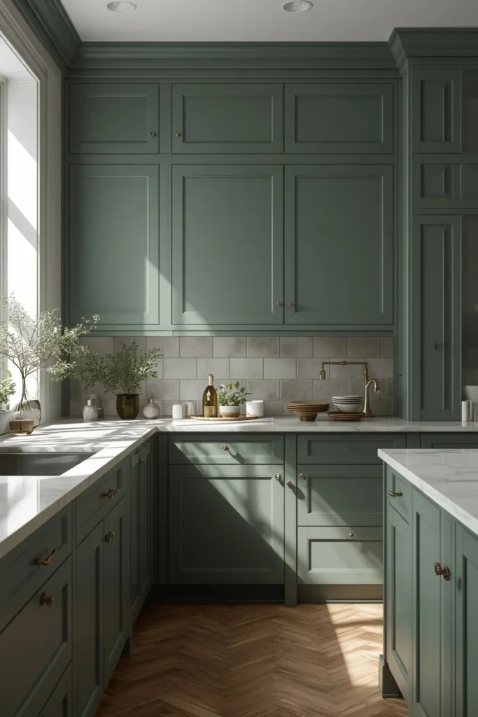 kitchen, featuring smoky jade green cabinetry, unlacquered brass hardware, honed marble countertop,