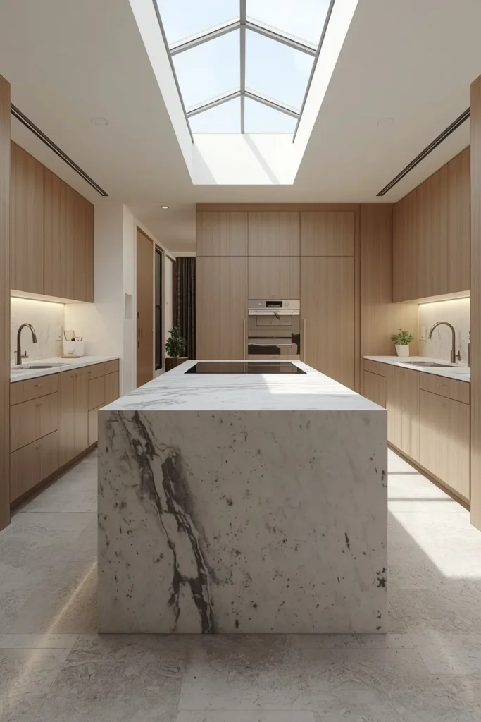 kitchen island, featuring a waterfall stone countertop wrapping down