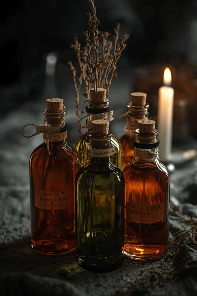 15 Last-Minute Halloween Tablescape Ideas That Look Planned 8 dining table centerpiece, featuring a cluster of five glass apothecary