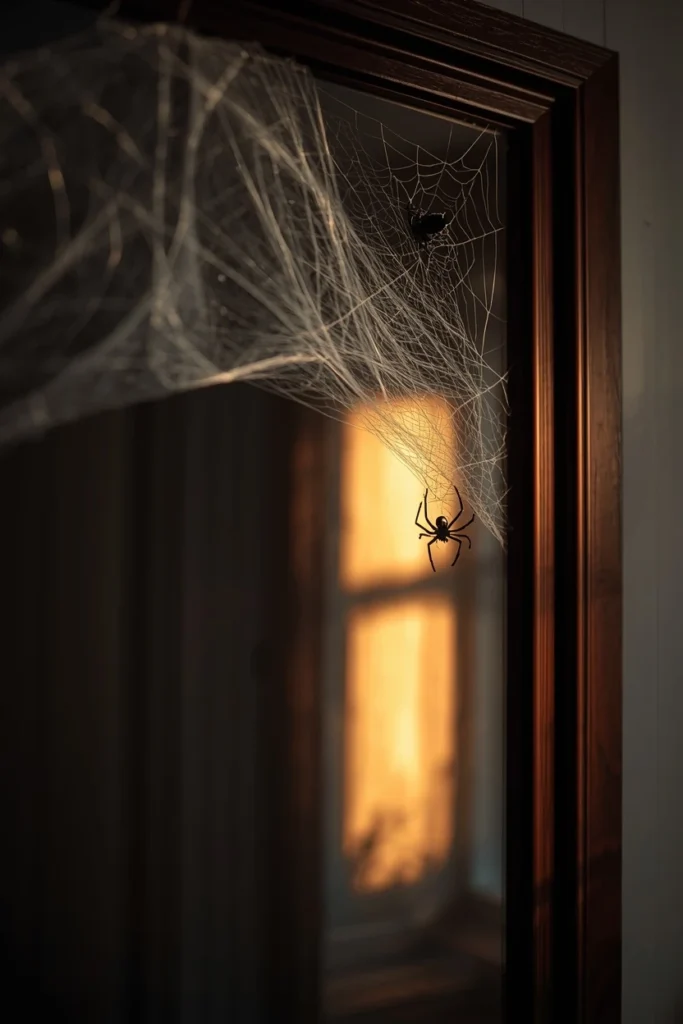 entryway mirror, featuring wispy stretched spiderweb material draped 