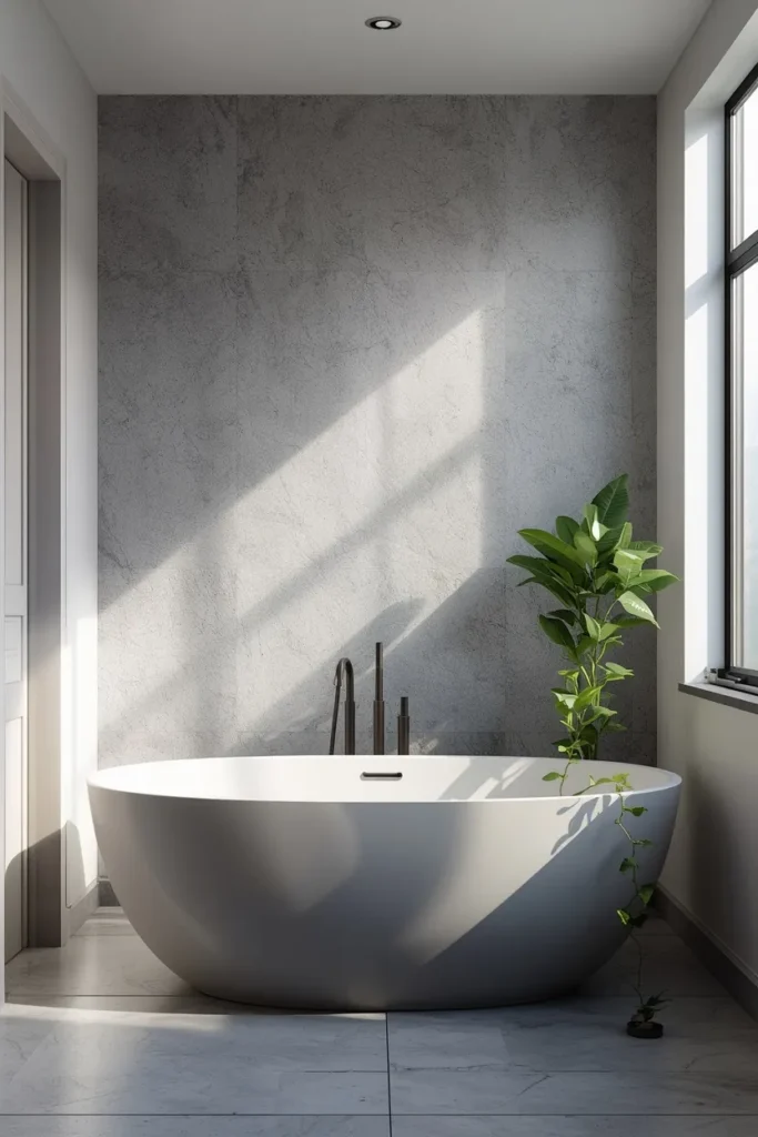 25 Modern Bathroom Designs That Look Like a 5-Star Spa Retreat 8 bathroom, featuring a cool grey terrazzo accent wall with visible fleck pattern