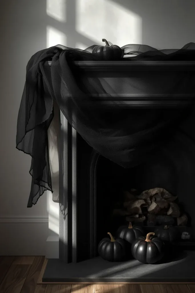 16 Modern Halloween Mantle Decor Ideas That Feel Fresh 8 modern fireplace mantel, featuring sheer black gauze fabric draped loosely
