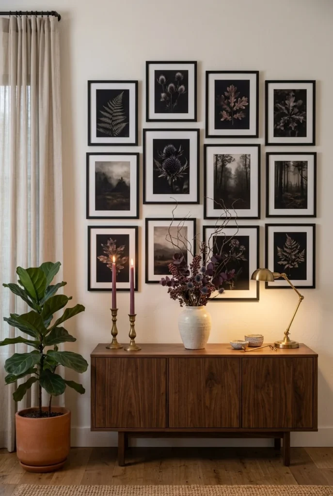  living room wall, featuring a gallery wall of dark botanical and landscape prints