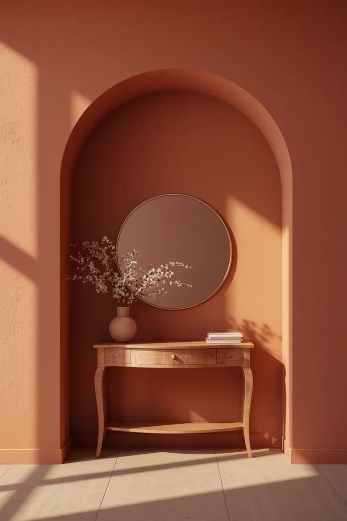  living room wall close-up, featuring a painted terracotta archway shape 
