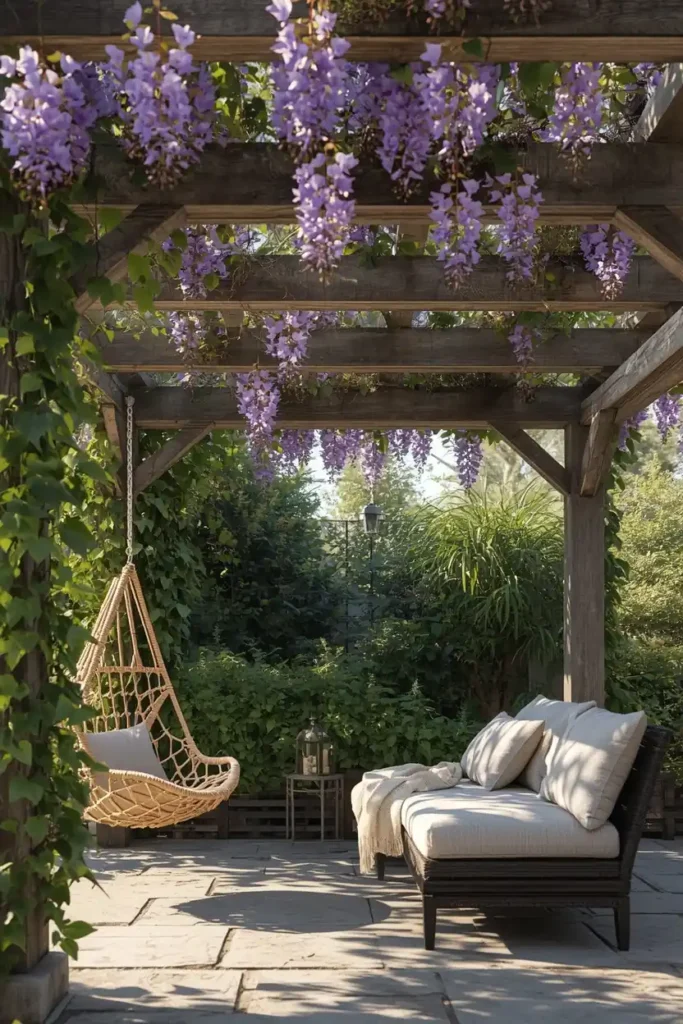 backyard pergola, featuring weathered gray cedar beams with climbing wisteria vines