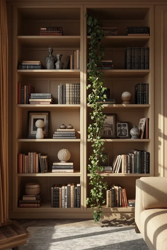  small apartment living room, featuring open bookshelves styled with books 