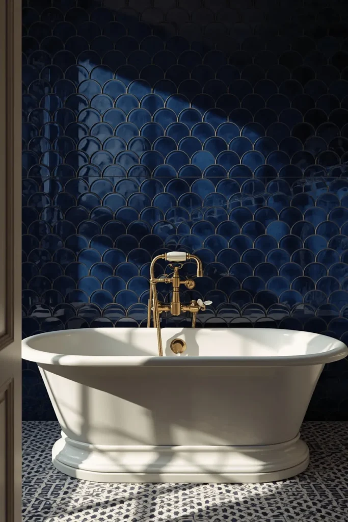 18 Scalloped Tile Ideas for a Soft, Statement-Making Bathroom 8 bathroom shot, featuring glossy navy scalloped tile on the wall