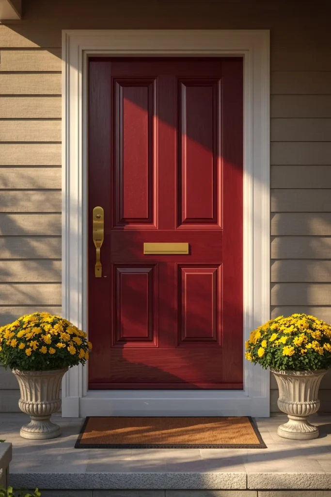 16 Simple Fall Porch Decor Ideas Anyone Can Pull Off This Season 8 front porch close-up, featuring a freshly painted deep burgundy front door with brass hardware,