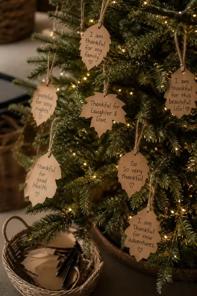 15 Simple Thanksgiving-to-Christmas Tree Transition Ideas 8 Christmas tree, featuring handwritten kraft paper leaf tags with gratitude notes