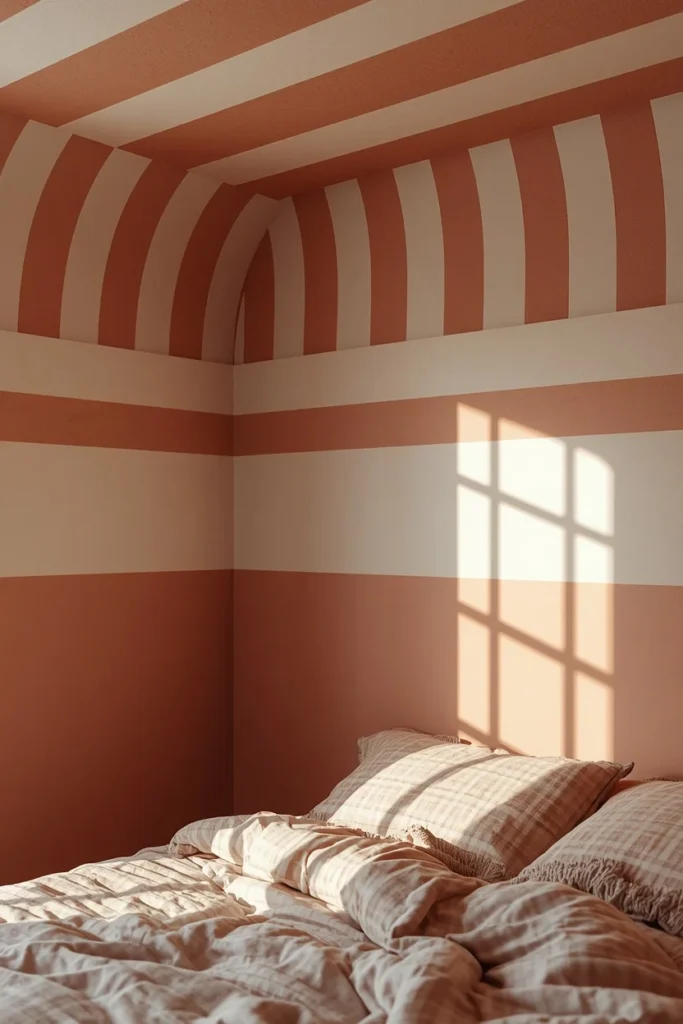 16 Striped Ceiling Ideas to Add Instant Personality Overhead 8 bedroom, featuring ceiling stripes in soft dusty rose and warm white