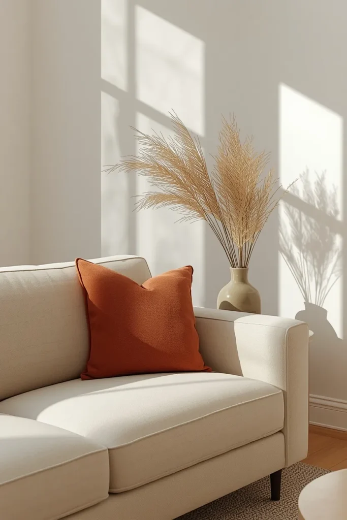 17 Understated Fall Decor Ideas for a Minimal, Modern Home 8 living room shot, featuring a neutral cream sofa with one rust-toned throw pillow
