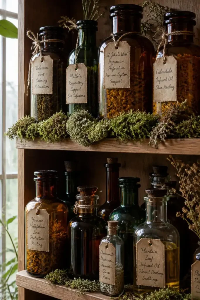 23 Vintage Halloween Decor Ideas That Look Straight Out of an Old Storybook 8 open shelf styling, featuring amber and dark green glass apothecary bottles