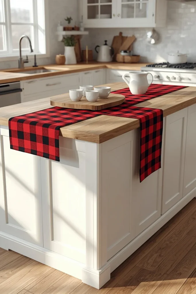 19 Ways to Decorate a Farmhouse Kitchen for Christmas (Cozy, Budget-Friendly Ideas) 8 farmhouse kitchen island, featuring a red and black buffalo check table runner