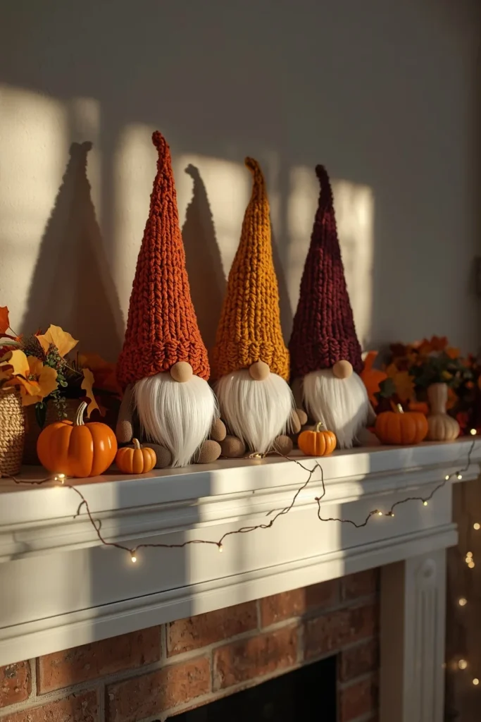 25 Whimsical Halloween Decor Ideas That Feel Spooky and Cute 8 fireplace mantel, featuring three fabric gnomes in graduating heights
