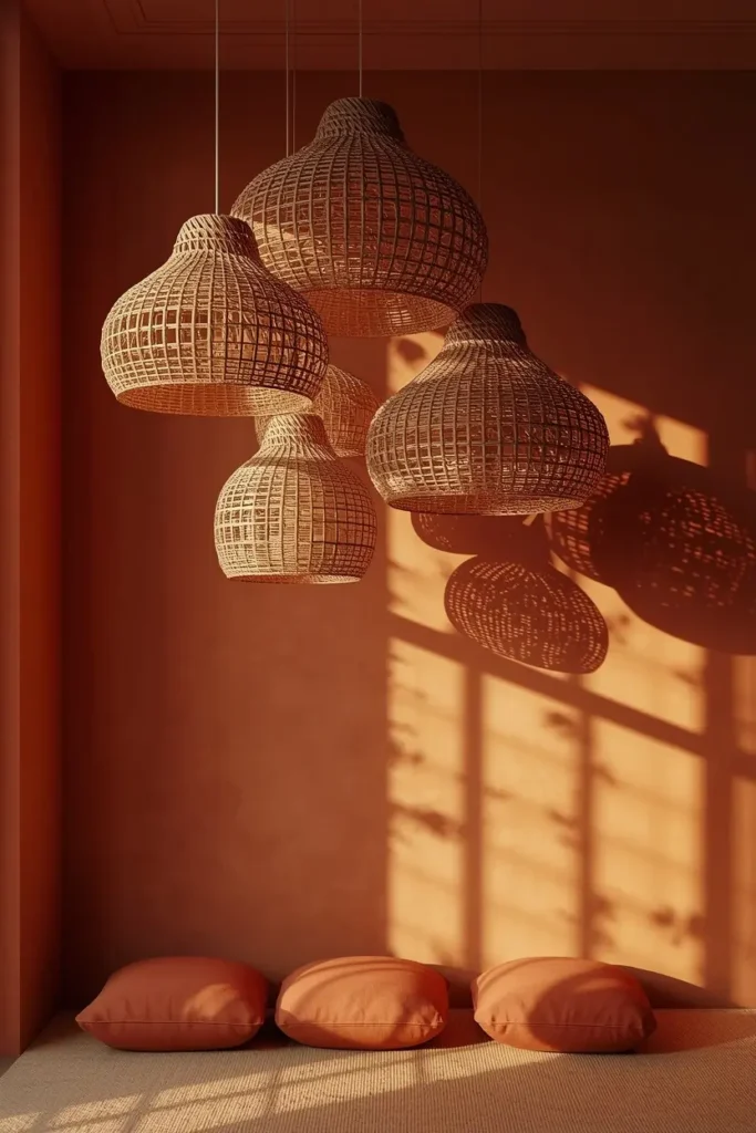 17 Afrobohemian Living Room Ideas That Feel Like a Global Getaway 9 living room, featuring a cluster of oversized rattan pendant lights hung at varying heights