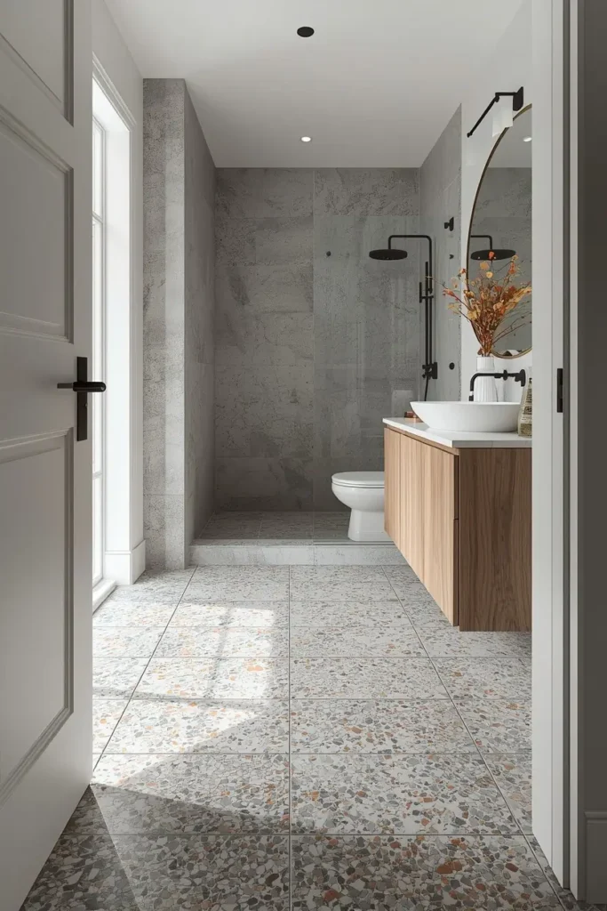 18 Bathroom Tile Ideas That Are Bold Enough to Transform Everything 9 modern bathroom, featuring large-chip terrazzo flooring with cobalt blue