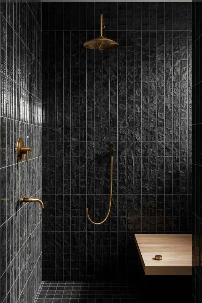 19 Black Bathroom Ideas That Are Dramatic, Chic & Completely Stunning 9 bathroom shower wall, featuring handmade black zellige tile with visible surface variation