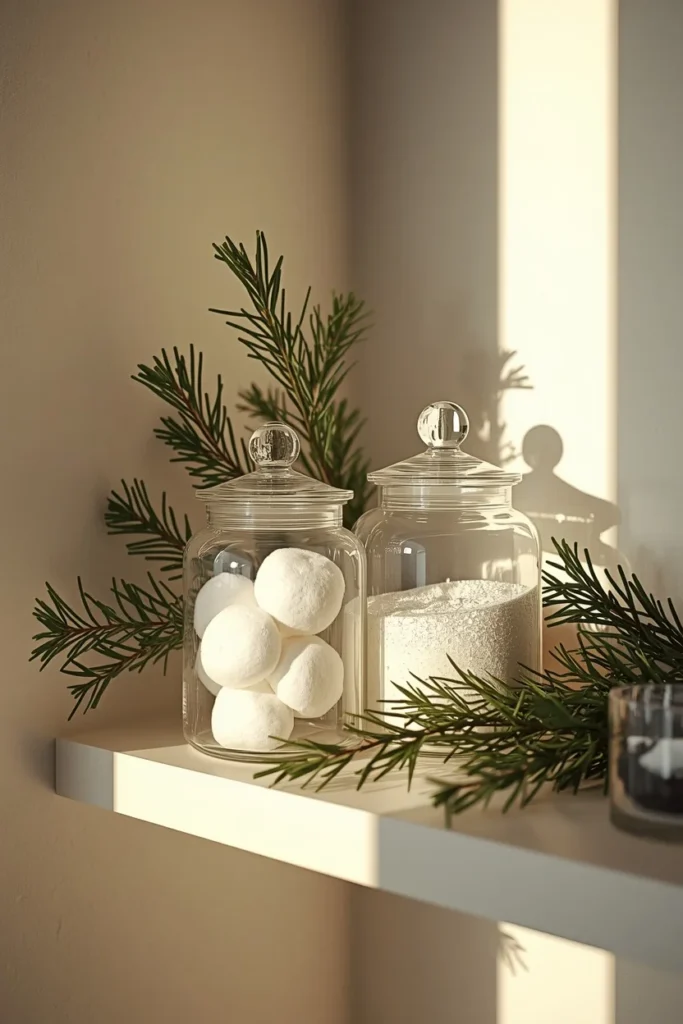 small bathroom shelf, featuring fresh cedar stems draped around glass apothecary jars