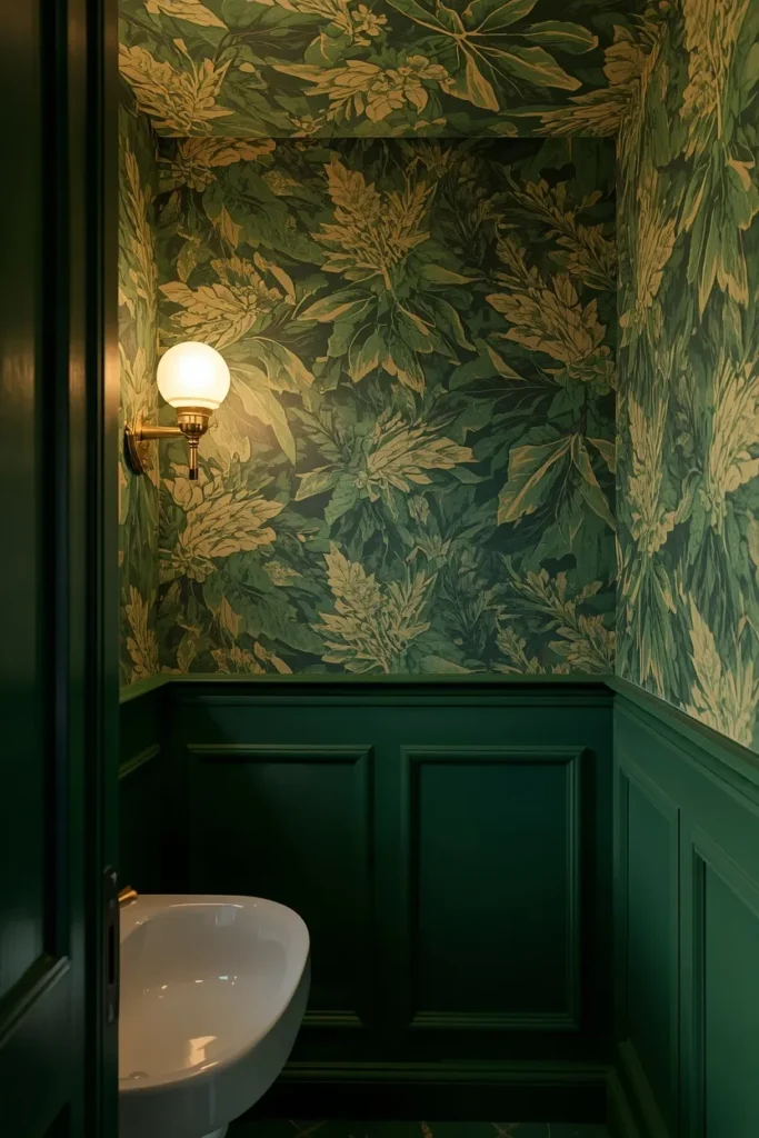 powder room shot, featuring a bold botanical wallpaper applied to the ceiling