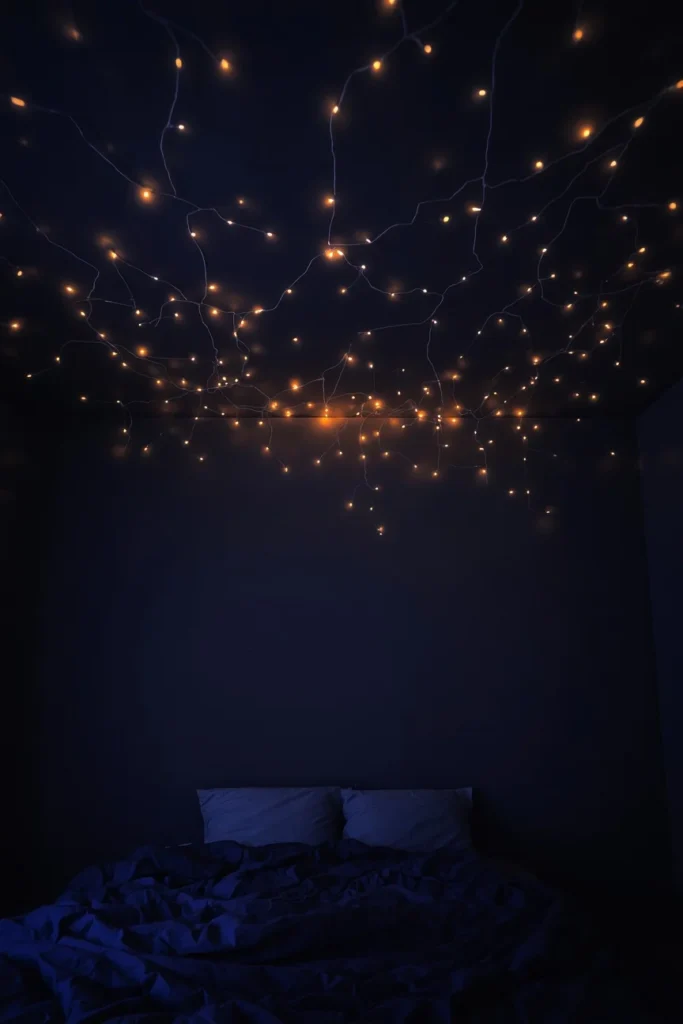 22 Cosmic Interior Design Ideas for a Starry, Galaxy-Inspired Home 9 bedroom ceiling shot, featuring warm white fairy lights scattered unevenly across a dark navy ceiling