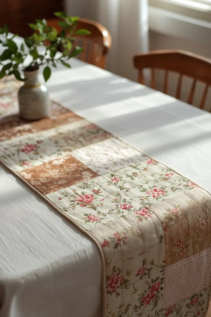 dining table close-up, featuring a patchwork quilted table runner in faded floral and gingham patterns