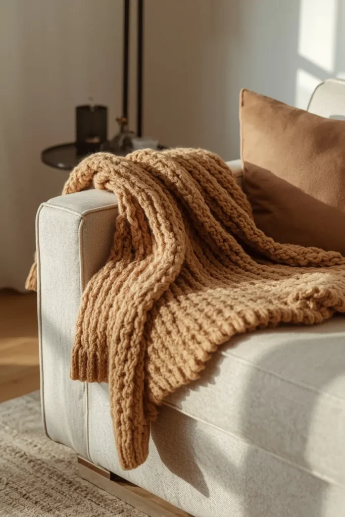20 Cozy Warm Neutral Fall Living Room Ideas Anyone Can Recreate 9 living room close-up, featuring a chunky camel knit throw draped