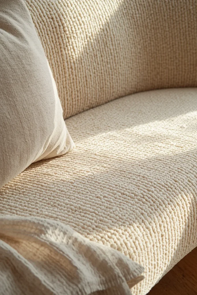 close-up upholstery shot, featuring warm ivory boucle fabric texture on a curved banquette bench