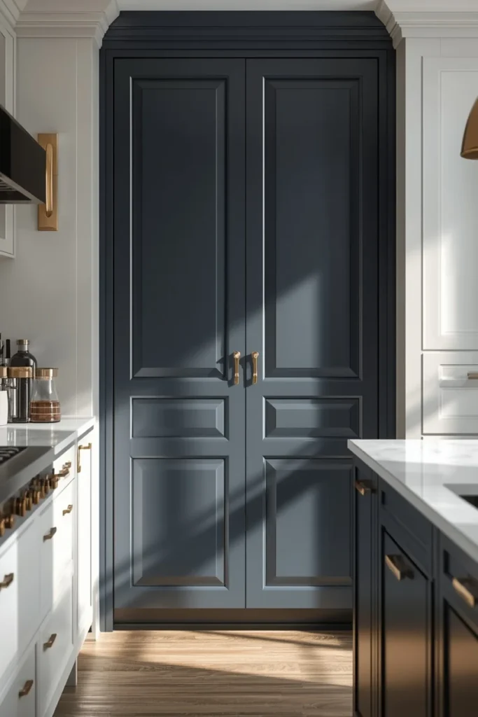 17 Curved Kitchen Peninsula Ideas for Better Small-Space Flow 9 kitchen peninsula close-up, featuring deep gray-blue curved cabinetry with brushed gold hardware