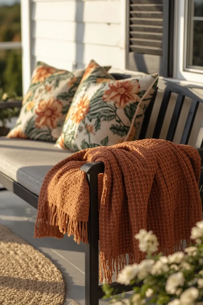 front porch seating area, featuring a bench with cushion covers swapped