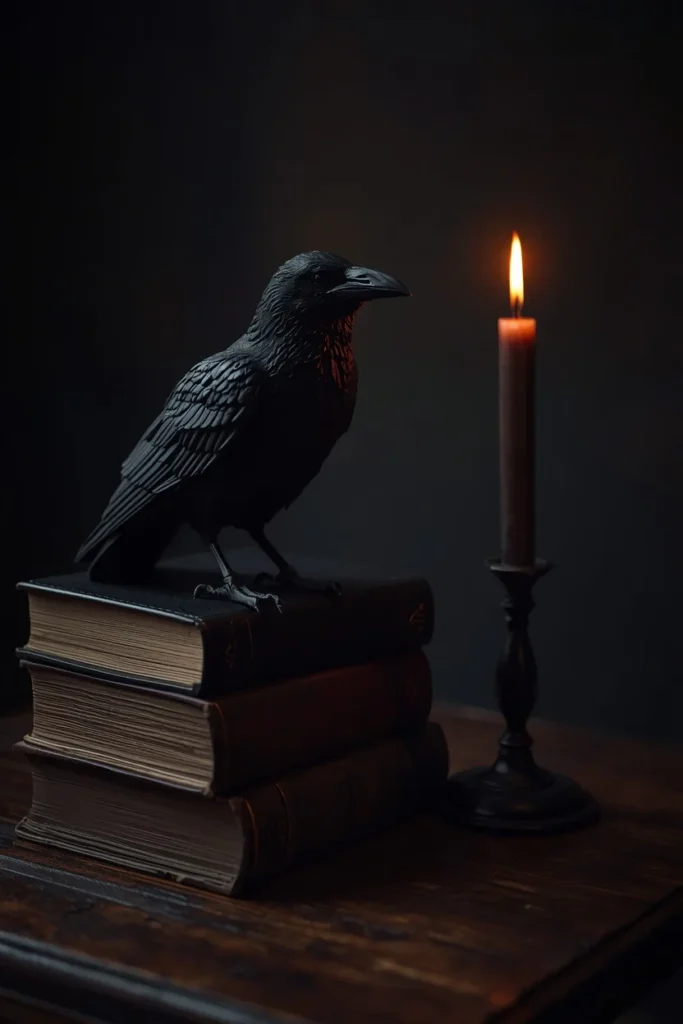 18 Elegant Halloween Dining Table Ideas for a Chic Fright Night 9 table vignette close-up, featuring a black faux raven perched on a stack of old leather-bound books