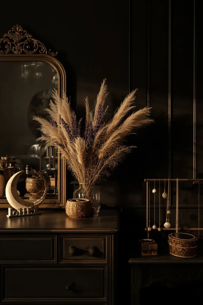 bedroom, featuring a dark accent wall with an ornate gold-framed mirror