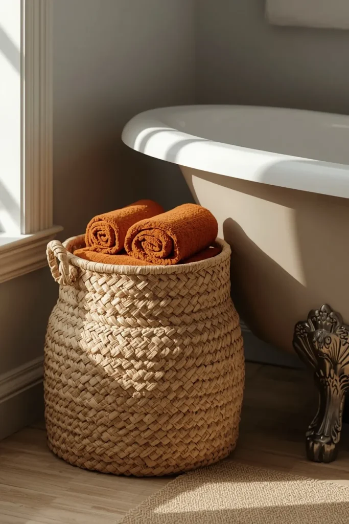 15 Fall Bathroom Decor Ideas for a Cozy Season Refresh 9 bathroom corner, featuring a woven seagrass basket with a stack of rolled rust-toned