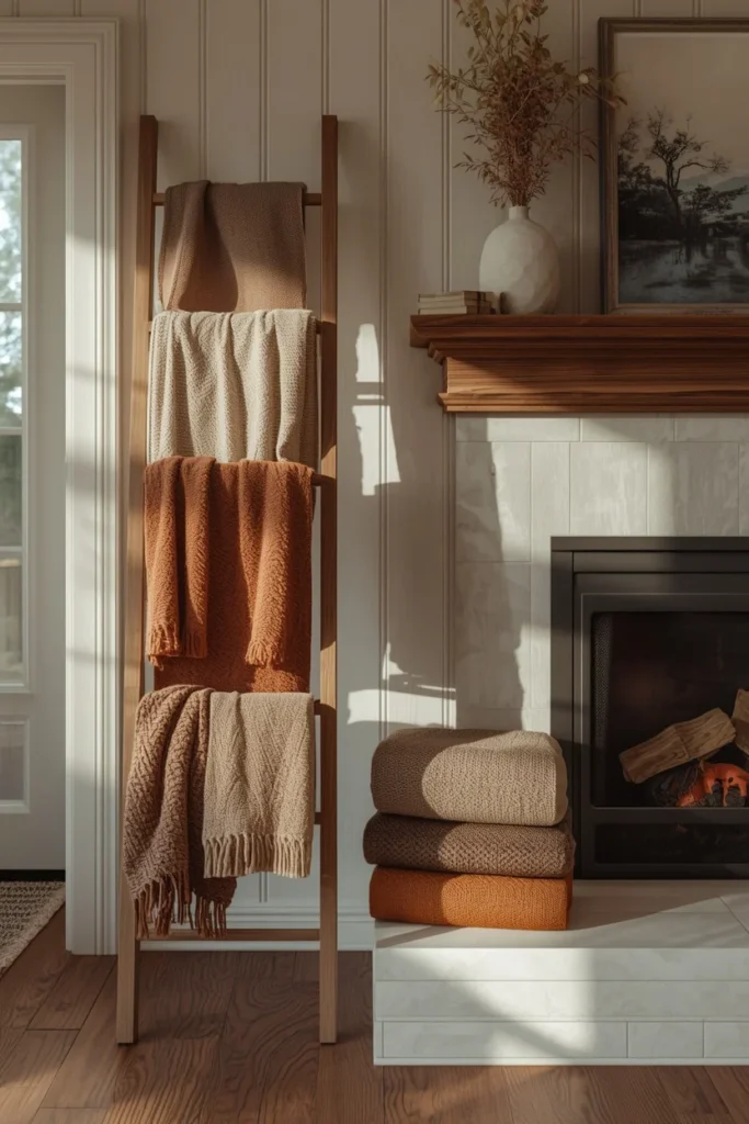 16 Fall Decor Ideas for the Space in Front of Your Fireplace 9 farmhouse living room fireplace, featuring a wooden ladder leaned against the wall