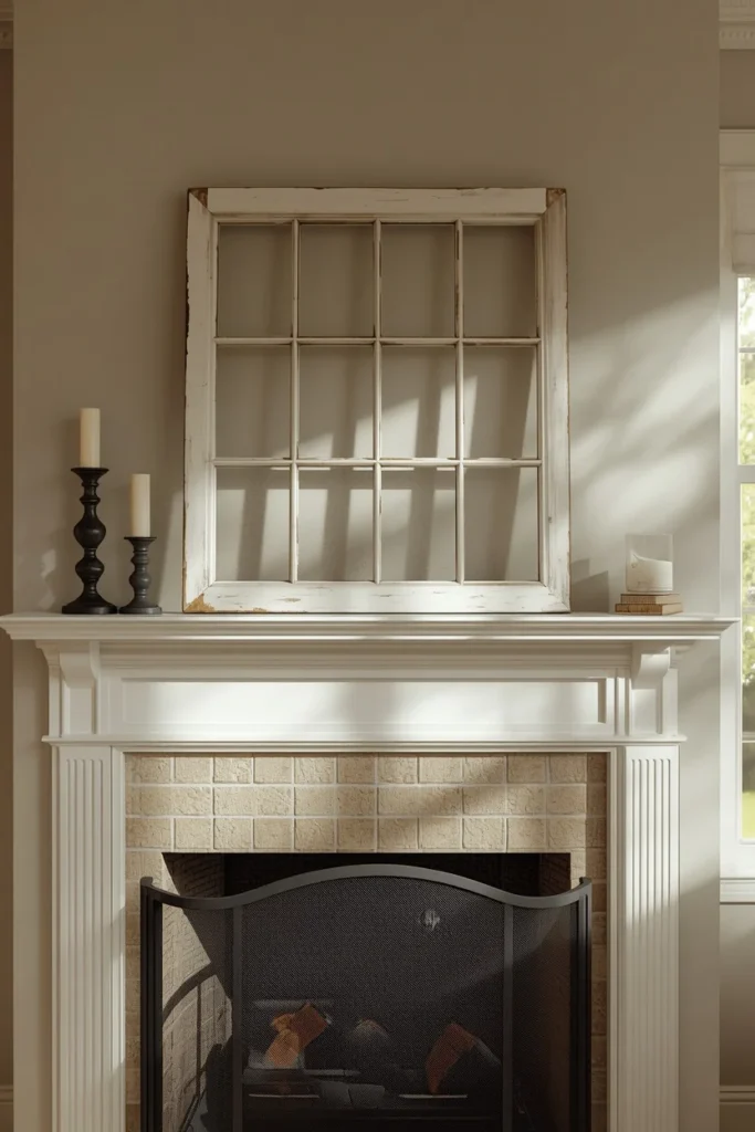  traditional farmhouse living room mantel, featuring an old chippy-painted window frame leaned