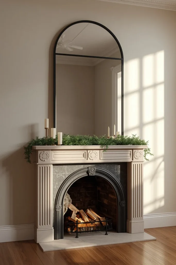  fireplace mantel, featuring a large black arched mirror leaned against the wall