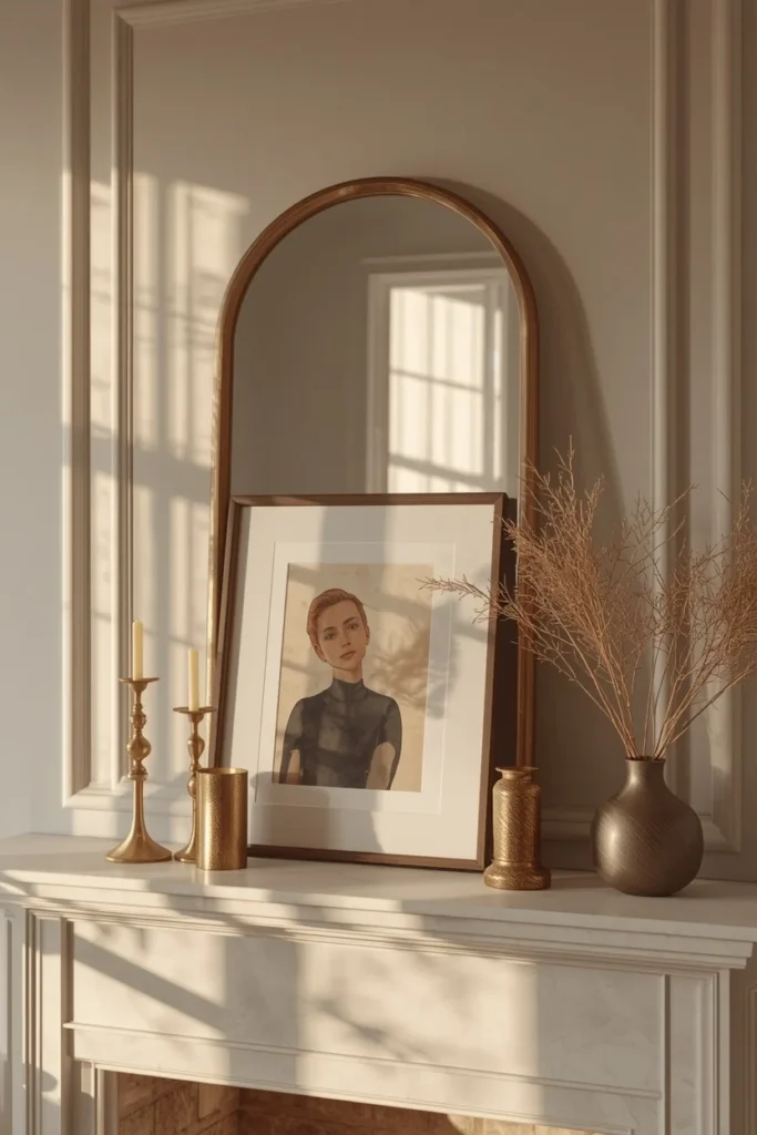 living room mantel, featuring a large mirror leaned against the wall with a smaller framed print layered in front
