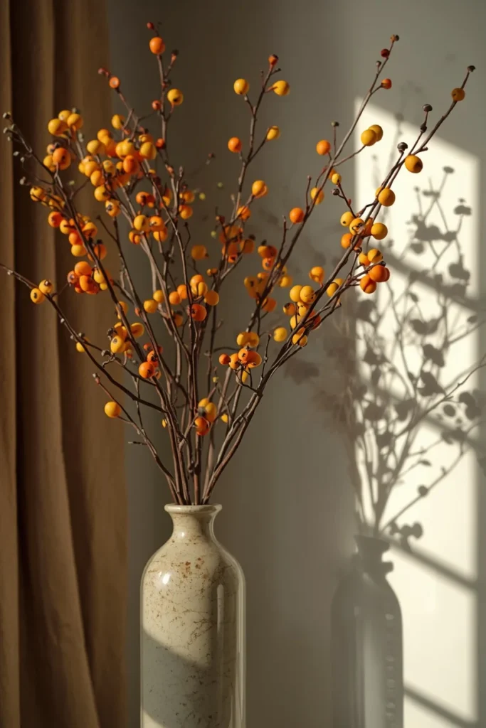  living room corner, featuring a tall vase filled with bittersweet branches showing small orange