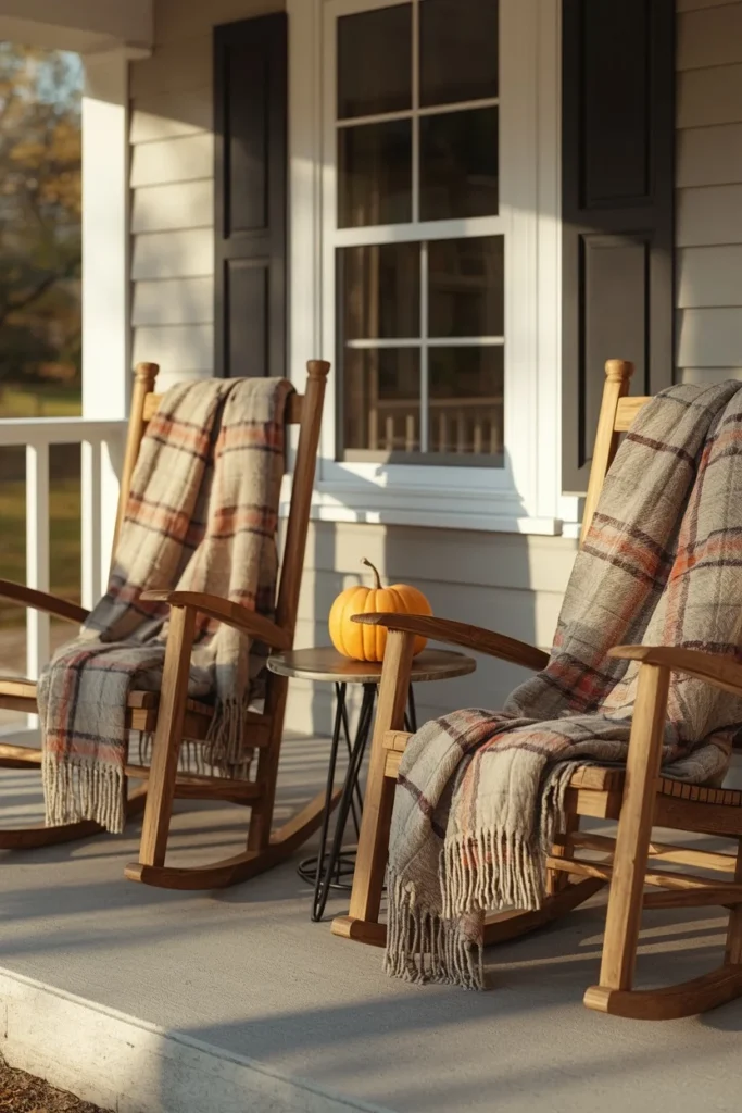 23 Fall Front Porch Decor Ideas Neighbors Will Envy 9 front porch, featuring a pair of wooden rocking chairs each draped with a folded muted plaid throw blanket