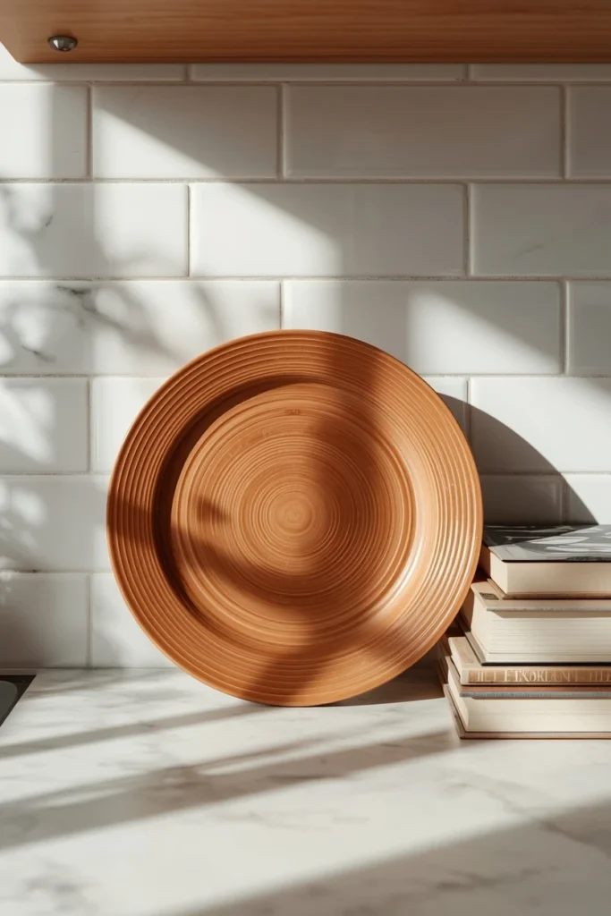 17 Fall Kitchen Countertop Decor Ideas That Feel Cozy, Not Cluttered 9 kitchen counter detail shot, featuring a warm brown transferware plate leaned