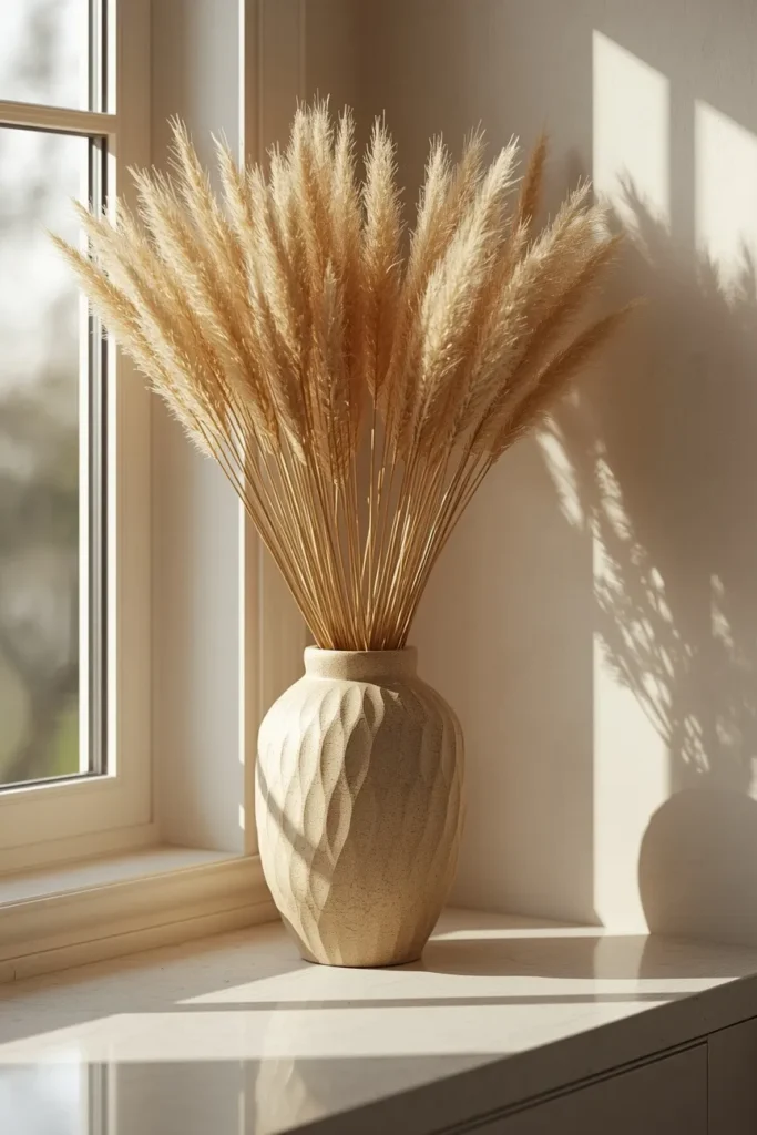 20 Fall Kitchen Decor Ideas That Are Easy to Recreate 9 kitchen counter corner, featuring a tall ceramic vase filled with dried wheat and pampas grass