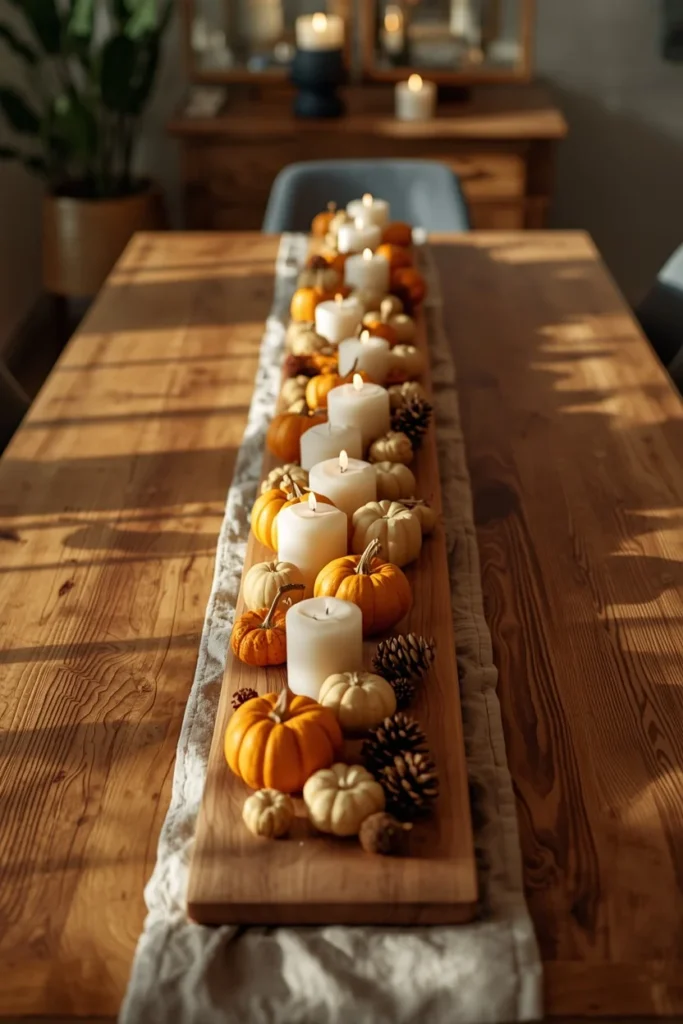 18 Fall Table Setting Ideas for Cozy Autumn Dinners 9 dining table, featuring a long wooden board running down the center