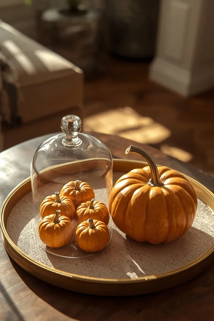 15 Fall Tray Decor Ideas to Style Your Coffee Table Like a Pro 9 coffee table tray, featuring a glass cloche covering a small cluster of mini pumpkins