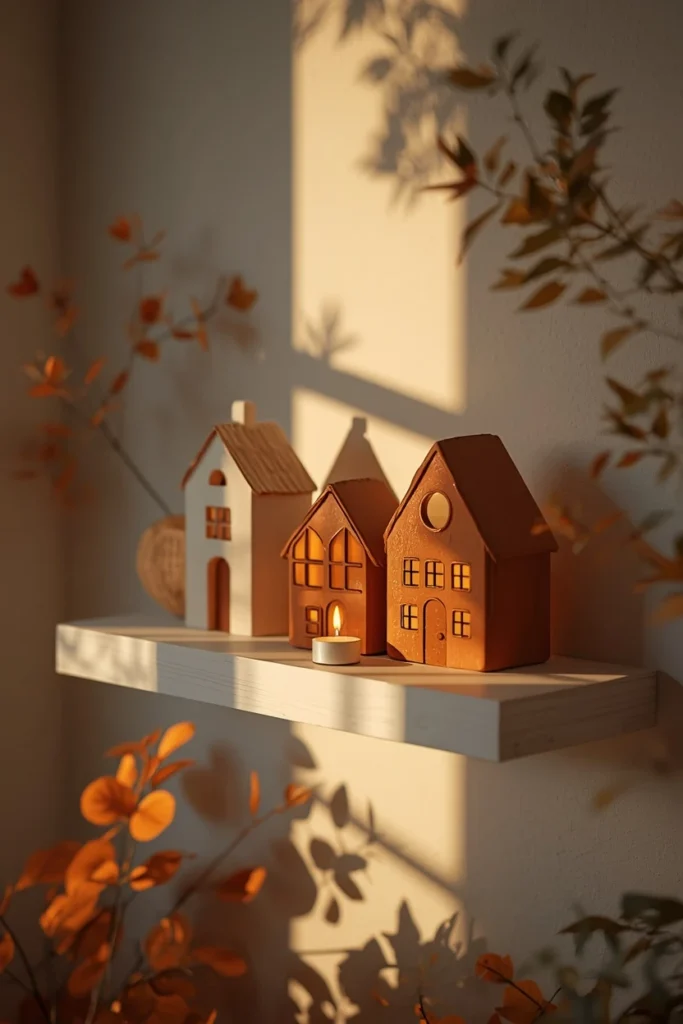 floating shelf, featuring three simple ceramic houses in cream, brown,