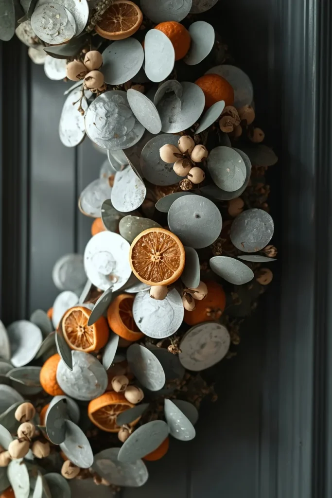 24 Fall Wreath Ideas to Welcome the Season in Style 9 front door close-up, featuring a wreath base of silver dollar and seeded eucalyptus with small clusters of dried orange slices