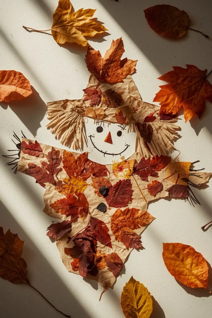 19 Fun DIY Scarecrow Ideas for fall that Kids Will Love Making 9 craft table close-up, featuring a leaf-stamped scarecrow collage with brown and orange leaf prints