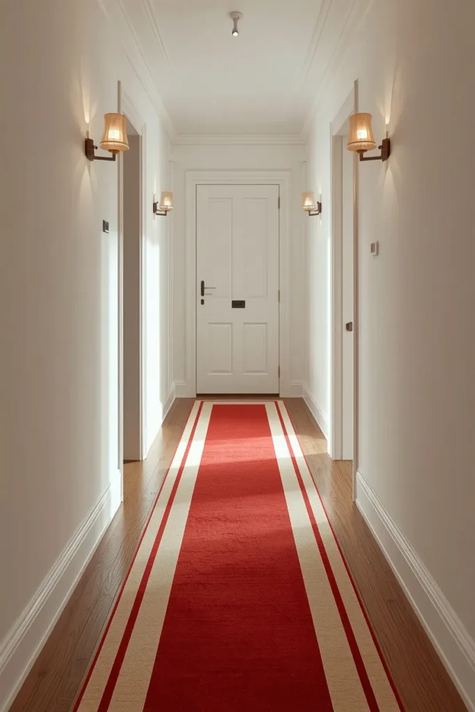 15 FunHaus Interior Ideas for a Bold, Playful Home That Breaks the Rules 9 hallway shot, featuring a bold red and cream striped runner rug running