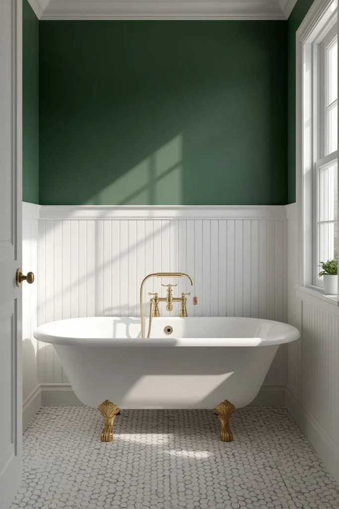 21 Green Bathroom Ideas That Bring Nature's Calm Into Your Home 9 bathroom, featuring hunter green upper walls above white beadboard wainscoting