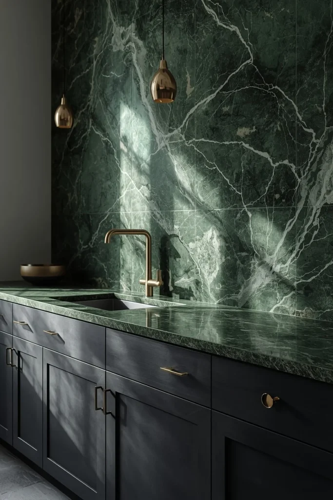 17 Green Kitchen Designs That Feel Bold, Fresh & Totally Unexpected 9 kitchen, featuring dramatic green quartzite countertop and matching full slab backsplash