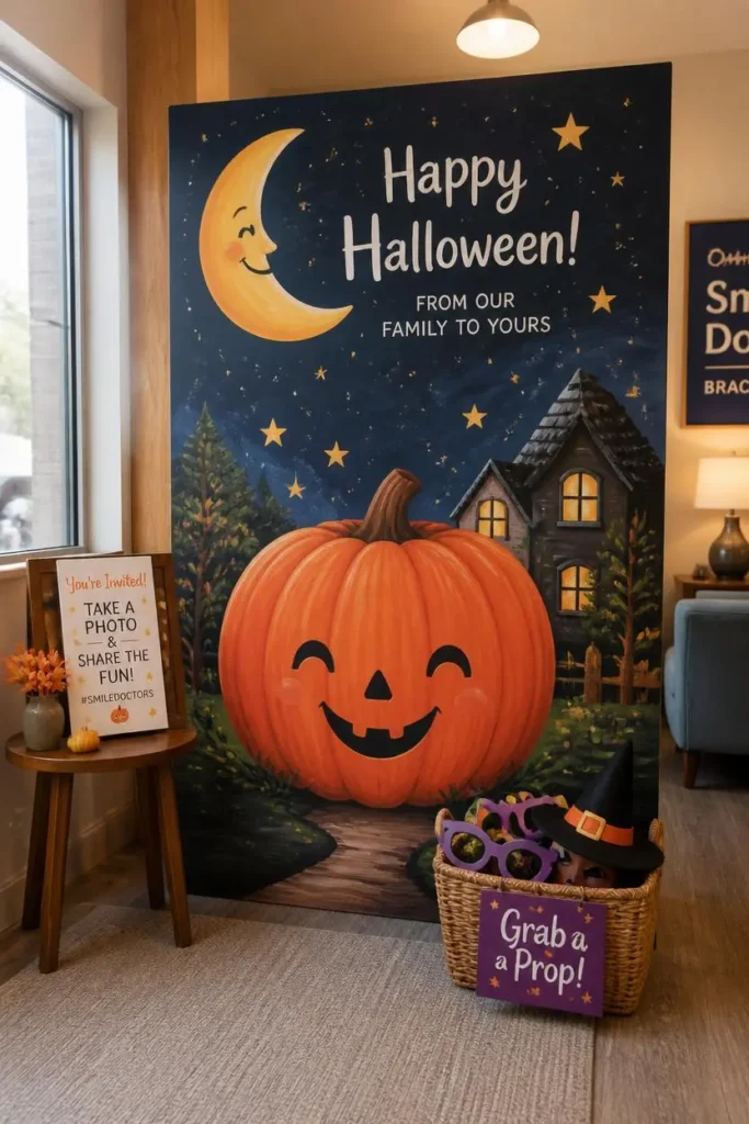 medical waiting room corner, featuring a painted foam-core Halloween photo backdrop